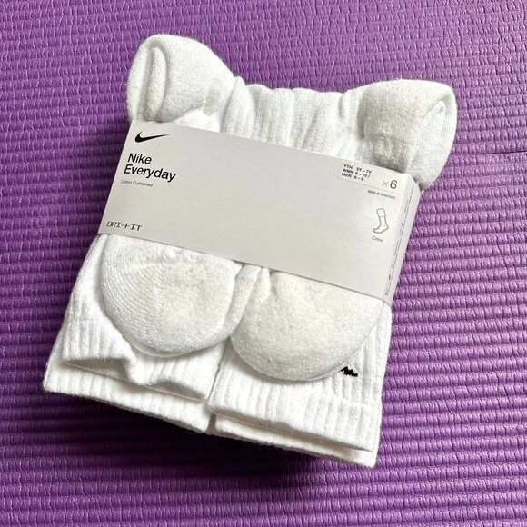6 Pairs Nike Cotton Crew Sock Dri-Fit White Mens 6-8 M Women 6-10 Cushioned - Picture 2 of 4